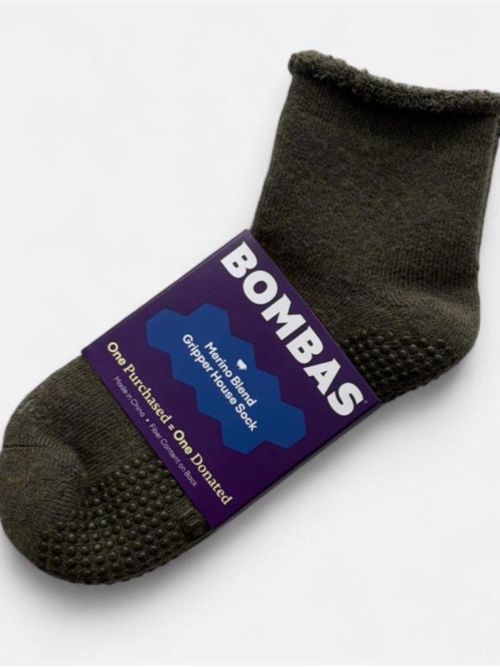 Bombas Merino Wool Blend Gripper House Sock - Olive Green Cozy Athletic Fall